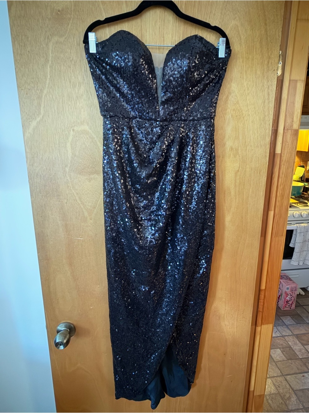 La Femme Black Sequin Strapless Formal Midi Dress